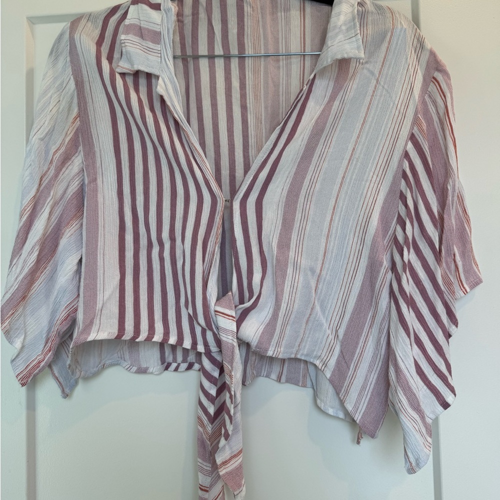 Elegant Striped Tie-Front Blouse - Burgundy and White